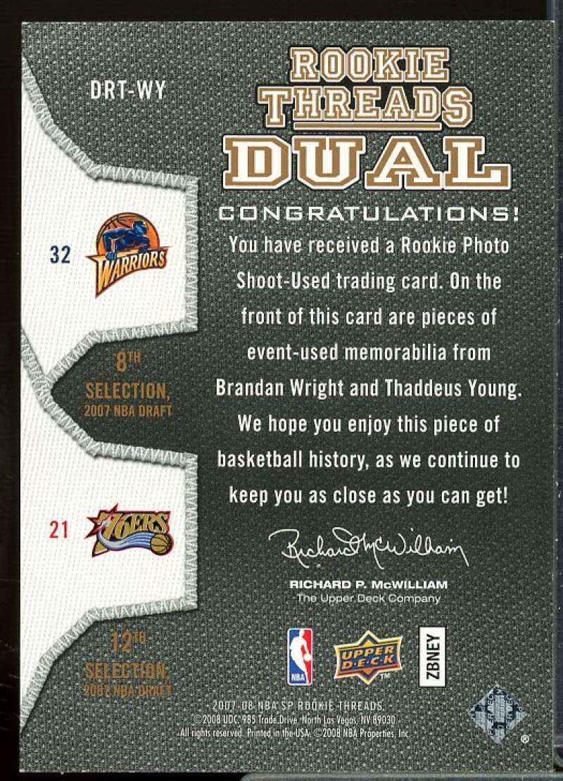 Brandan Wright/Thaddeus Young 2007-08 SP Rookie Threads Rookie Threads Dual #WY  Image 2