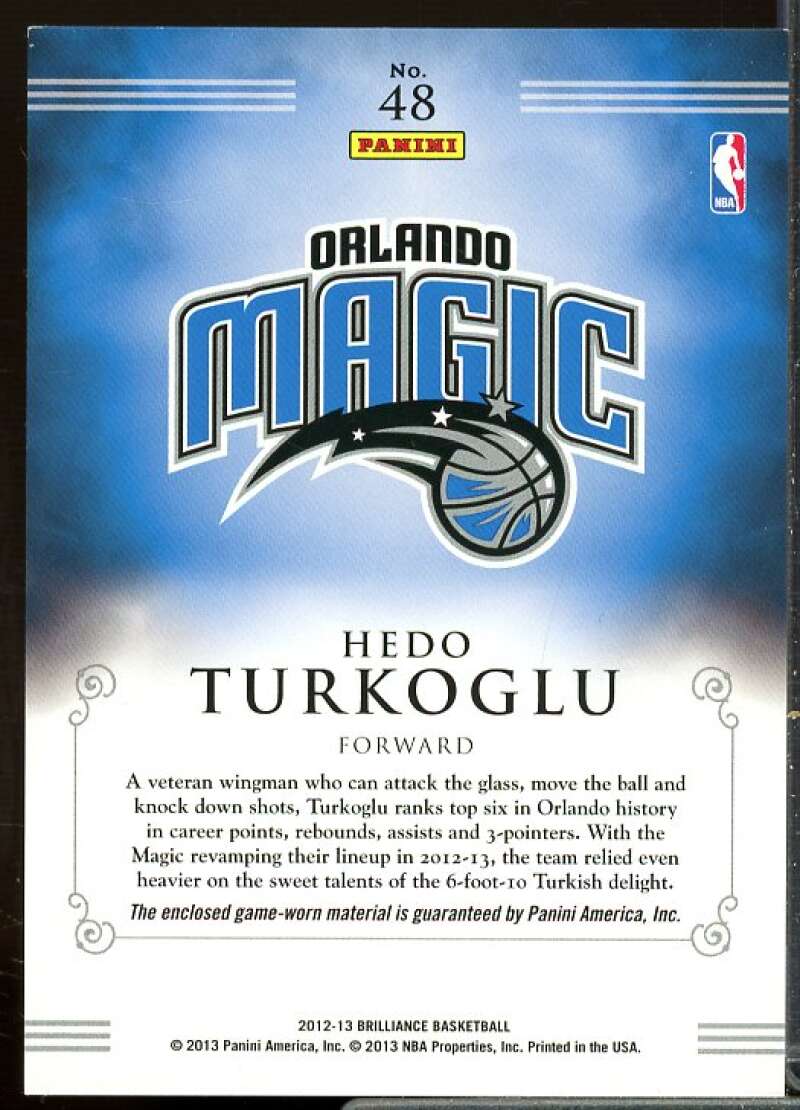 Hedo Turkoglu Card 2012-13 Panini Brilliance Game Time Jerseys #48  Image 2