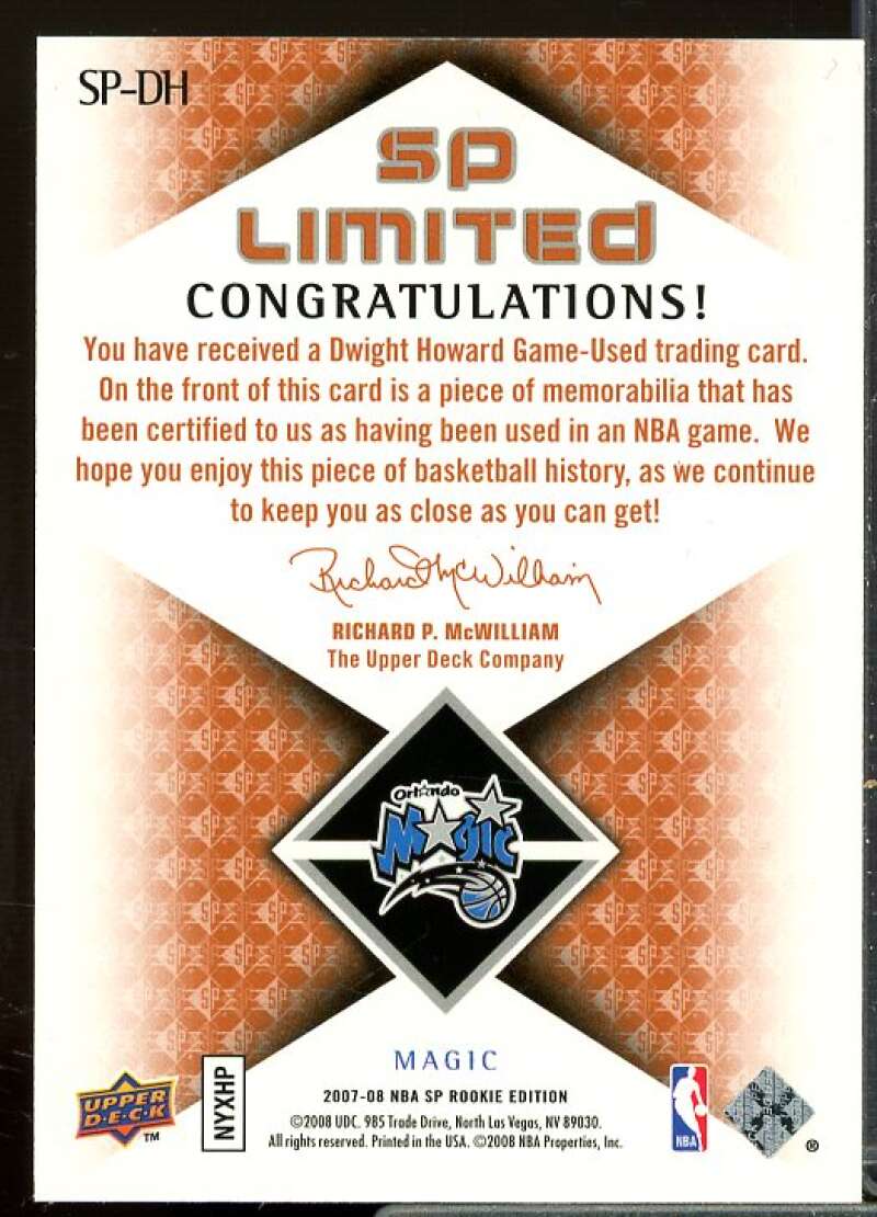 Dwight Howard Card 2007-08 SP Rookie Edition SP Limited Jerseys #SPDH  Image 2