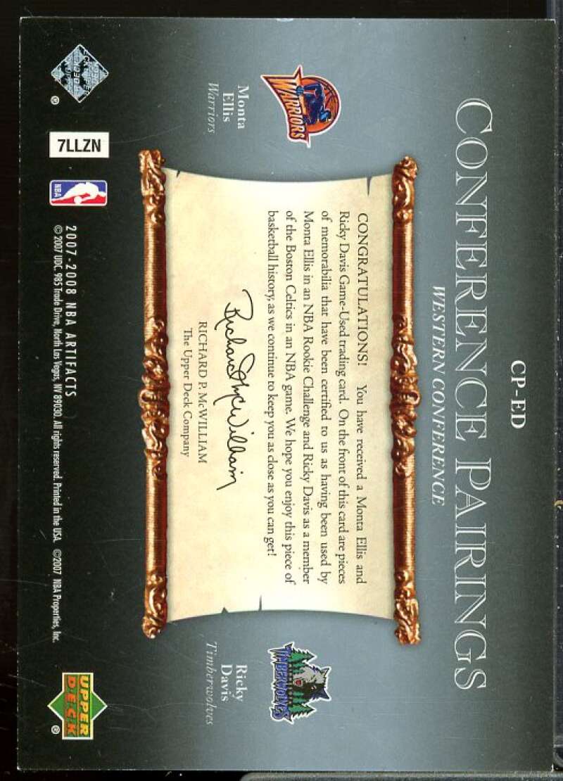 Monta Ellis/Ricky Davis Card 2007-08 Artifacts Conference Pairings #CPED  Image 2