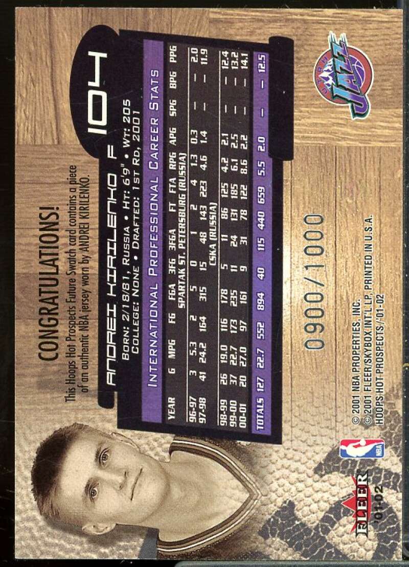 Andrei Kirilenko JSY Rookie Card 2001-02 Hoops Hot Prospects Rookie #104  Image 2