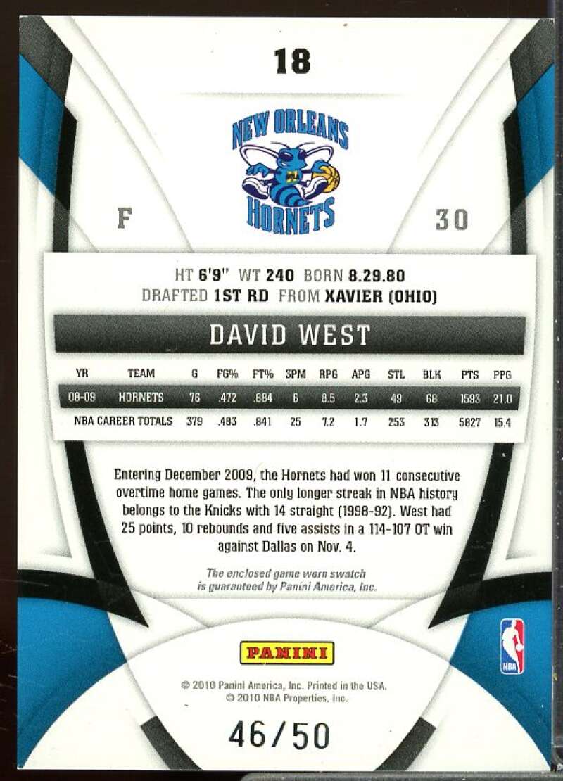 David West/50 Card 2009-10 Certified Mirror Blue Materials #18  Image 2