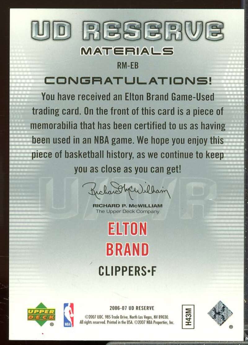 Elton Brand Card 2006-07 UD Reserve Materials #EB  Image 2