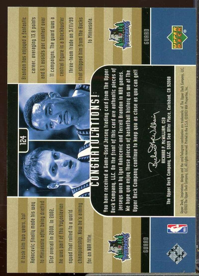 Igor Rakocevic JSY RC/Terrell Brandon JSY 2002-03 Upper Deck Inspirations #124  Image 2