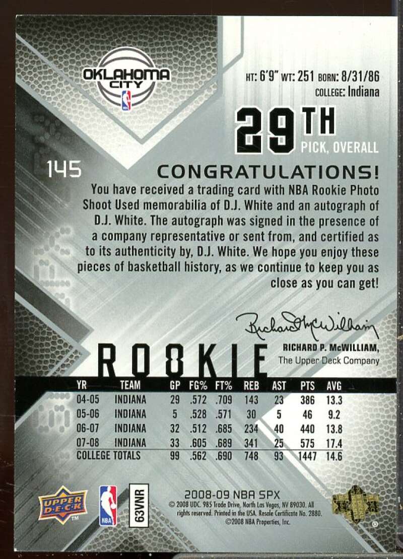 D.J. White JSY AU Rookie Card 2008-09 SPx Rookie #145  Image 2