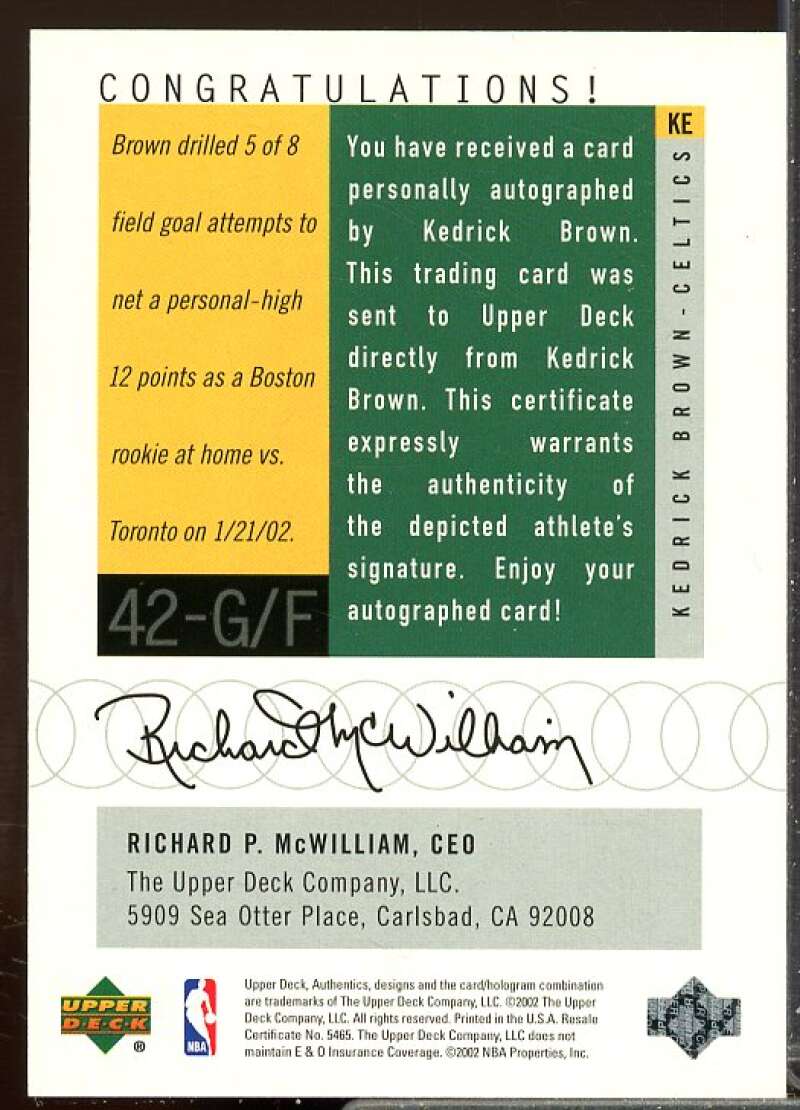 Kedrick Brown Card 2002-03 UD Authentics Signatures #KE  Image 2
