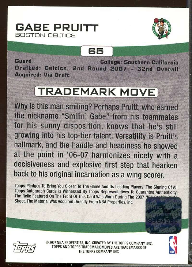 Gabe Pruitt Rookie 2007-08 Topps Trademark Moves Rookie Relic Ink Orange #65  Image 2