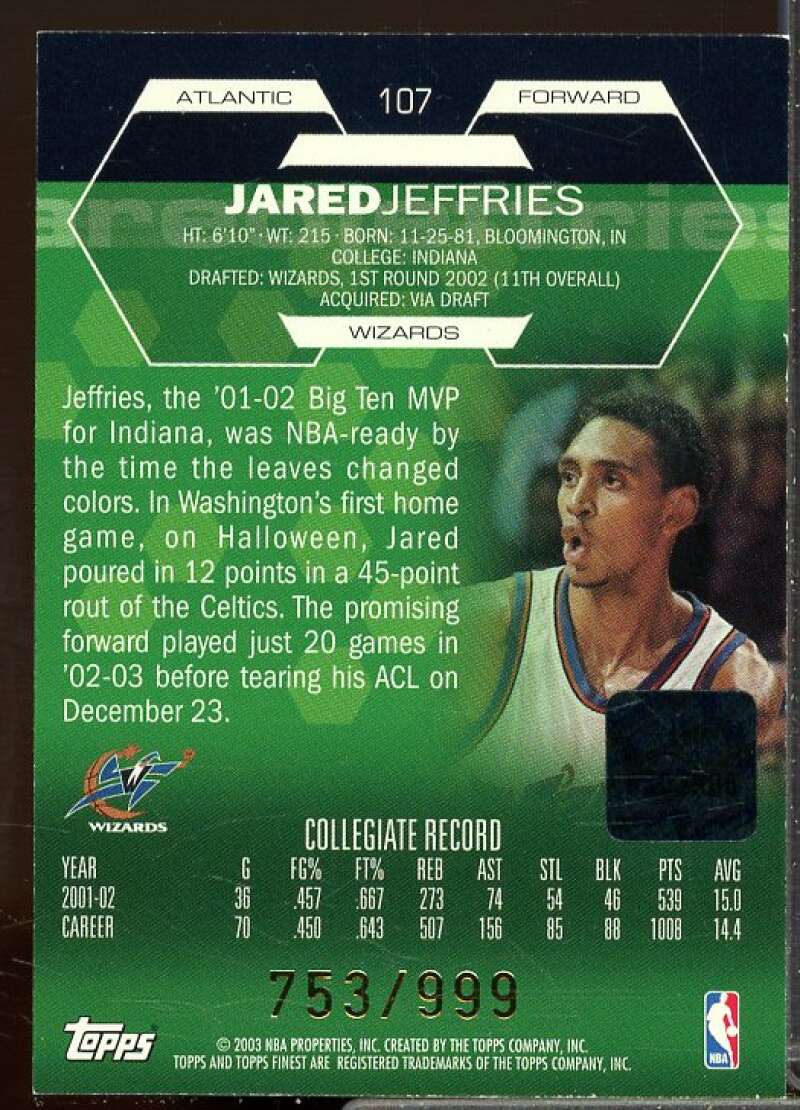 Jared Jeffries AU Rookie Card 2002-03 Finest Rookie #107  Image 2