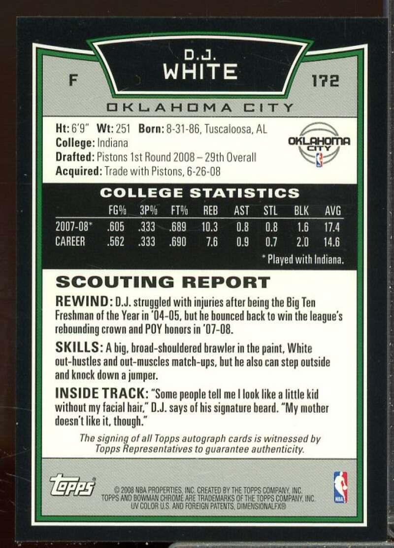 D.J. White AU B Rookie Card 2008-09 Bowman Chrome Rookie #172  Image 2