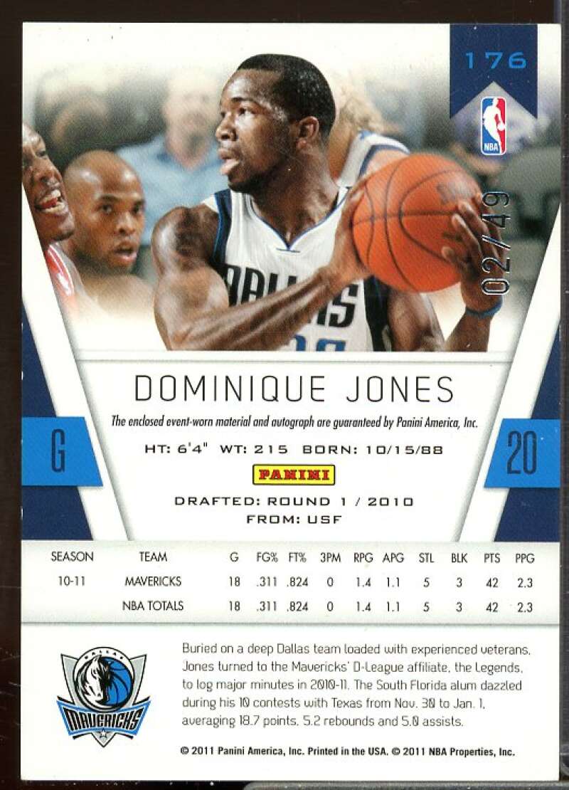 Dominique Jones JSY AU/49 2010-11 Totally Certified Blue Rookie Autographs #176  Image 2