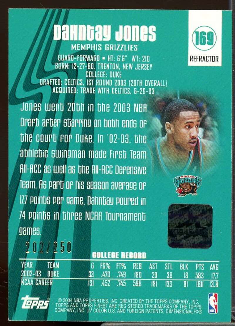 Dahntay Jones AU Rookie Card 2003-04 Finest Refractors Rookie #169  Image 2
