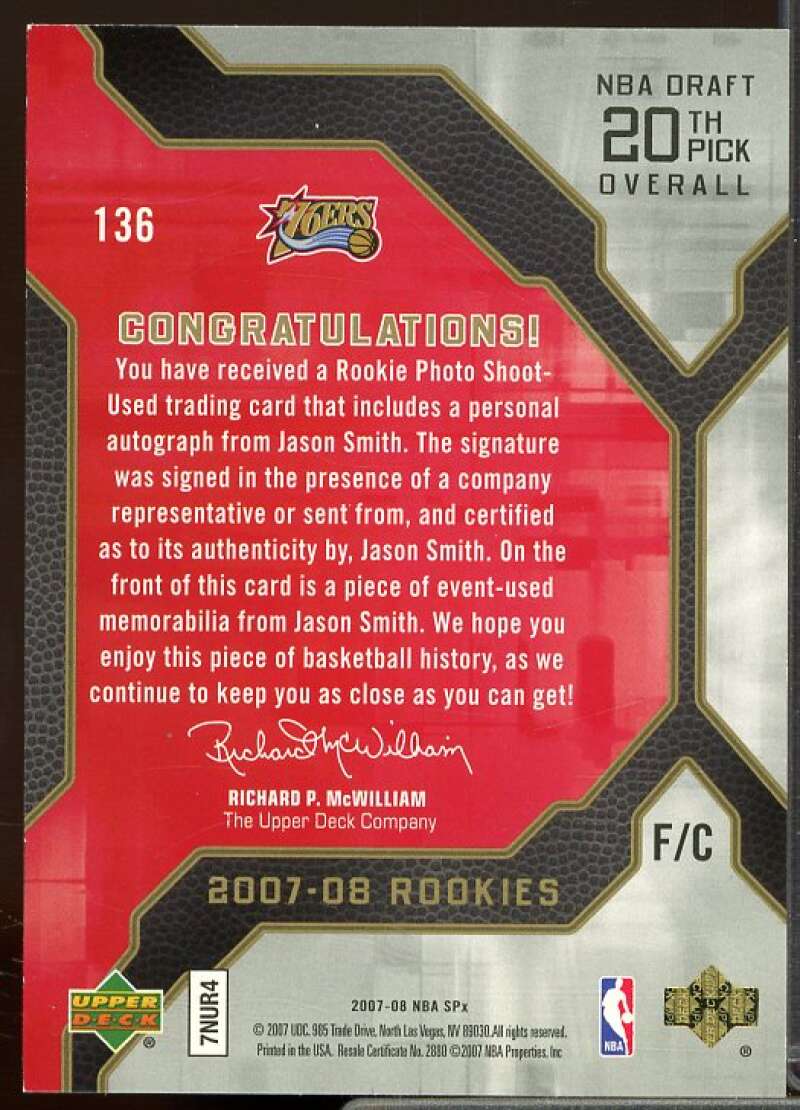 Jason Smith Jersey Auto Rookie Card 2007-08 SPx #136  Image 2