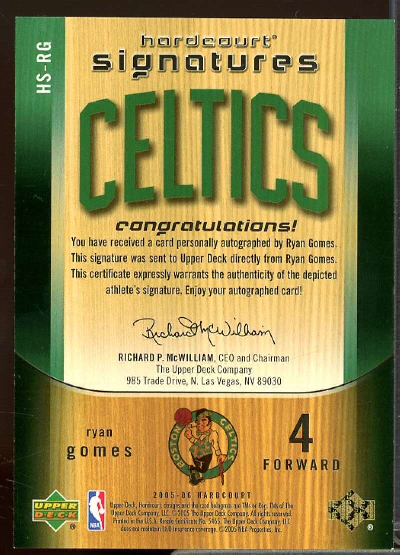 Ryan Gomes Rookie Card 2005-06 Upper Deck Hardcourt Signatures #RG  Image 2