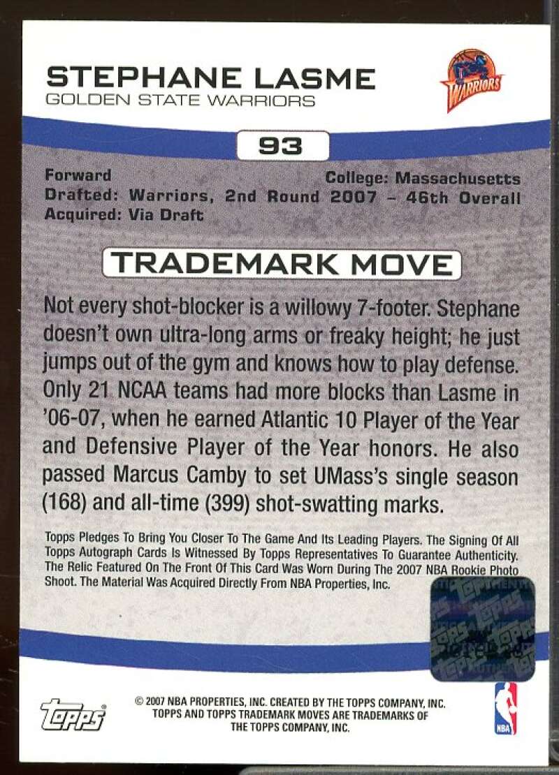 Stephane Lasme/139 Rookie 2007-08 Topps Trademark Moves Rookie Relic Ink #93  Image 2