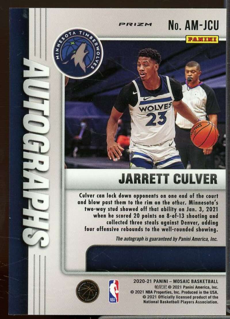 Jarrett Culver Card 2020-21 Panini Mosaic Autographs Mosaic #1  Image 2