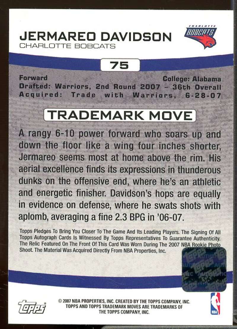 Jermareo Davidson/139 Rookie 2007-08 Topps Trademark Moves Rookie Relic Ink #75  Image 2