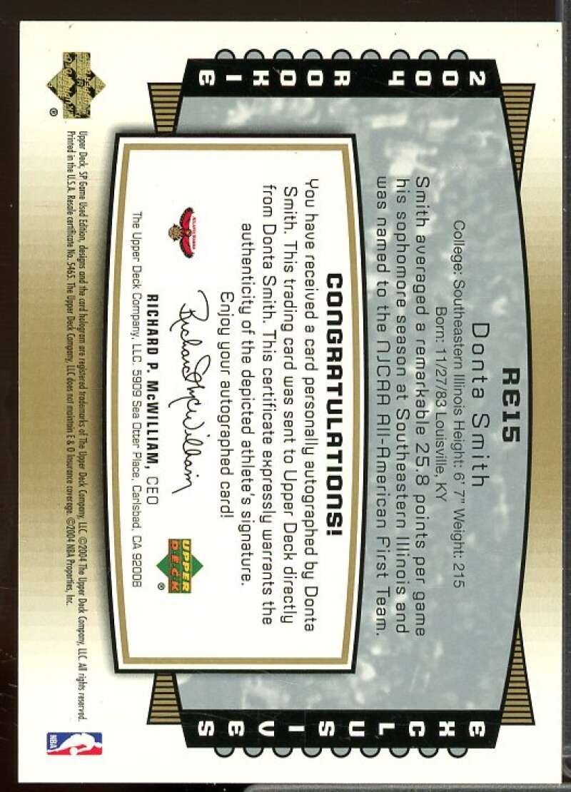 Donta Smith Rookie Card 2004-05 SP Game Used Rookie Exclusive Autographs #RE15  Image 2