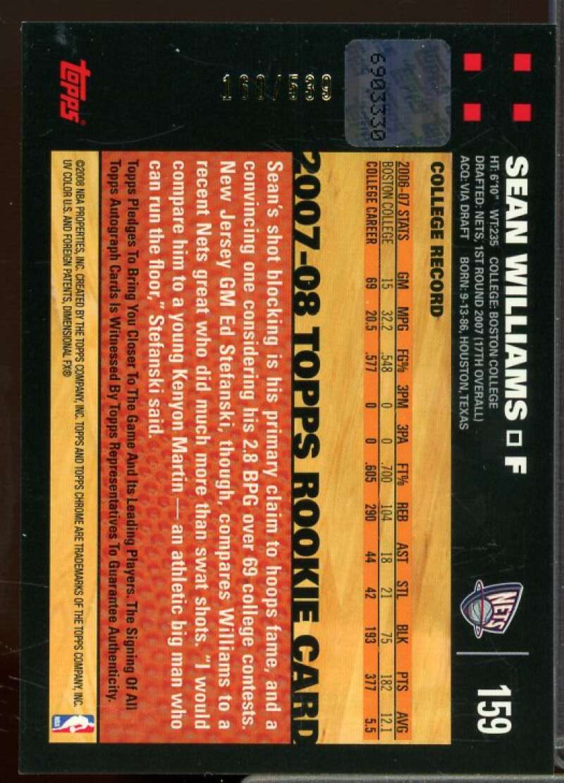 Sean Williams/539 Rookie Card 2007-08 Topps Chrome Rookie Autographs #159  Image 2