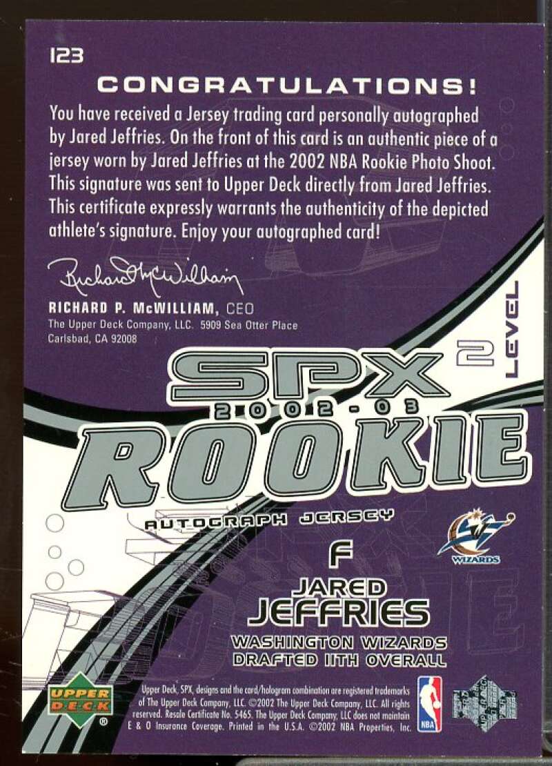 Jared Jeffries JSY AU Rookie Card 2002-03 SPx Rookie #123  Image 2