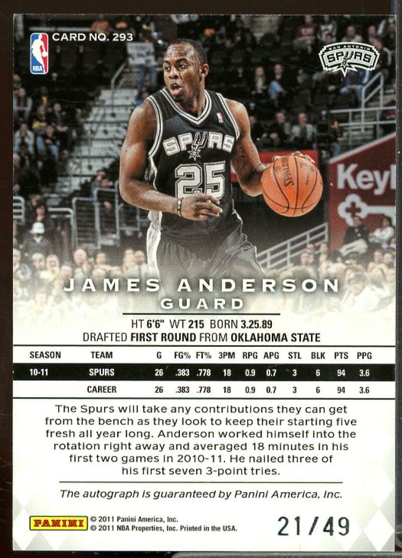 James Anderson PS/49 Auto Card 2011-12 Panini Preferred Blue #293  Image 2