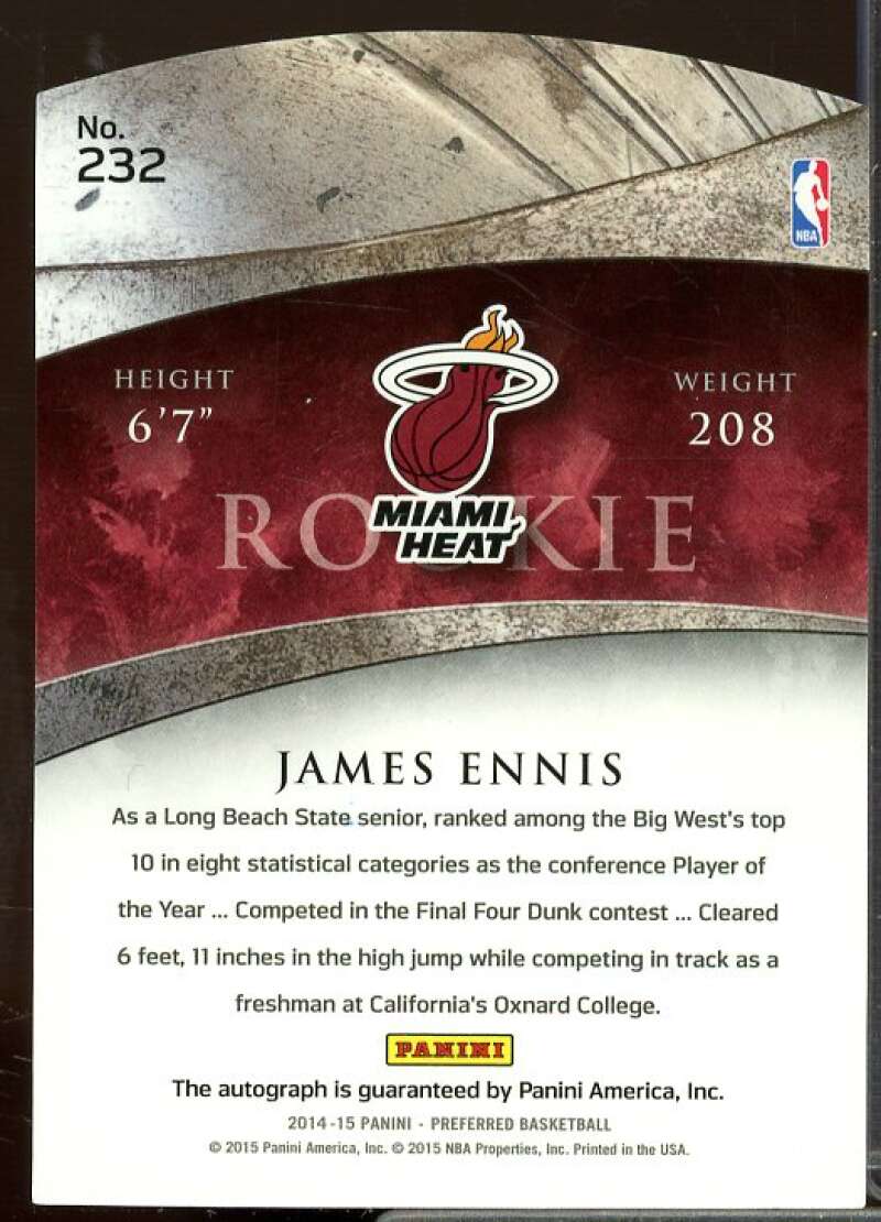 James Ennis CR AU/49 Rookie Card 2014-15 Panini Preferred Rookie #232  Image 2