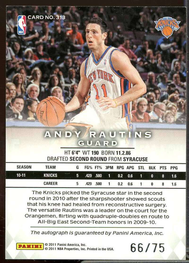 Andy Rautins PS/75 AU Card 2011-12 Panini Preferred Emerald #313  Image 2