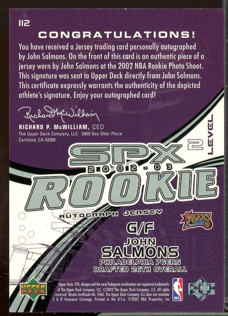 John Salmons Jersey Auto Rookie Card 2002-03 SPx #112  Image 2