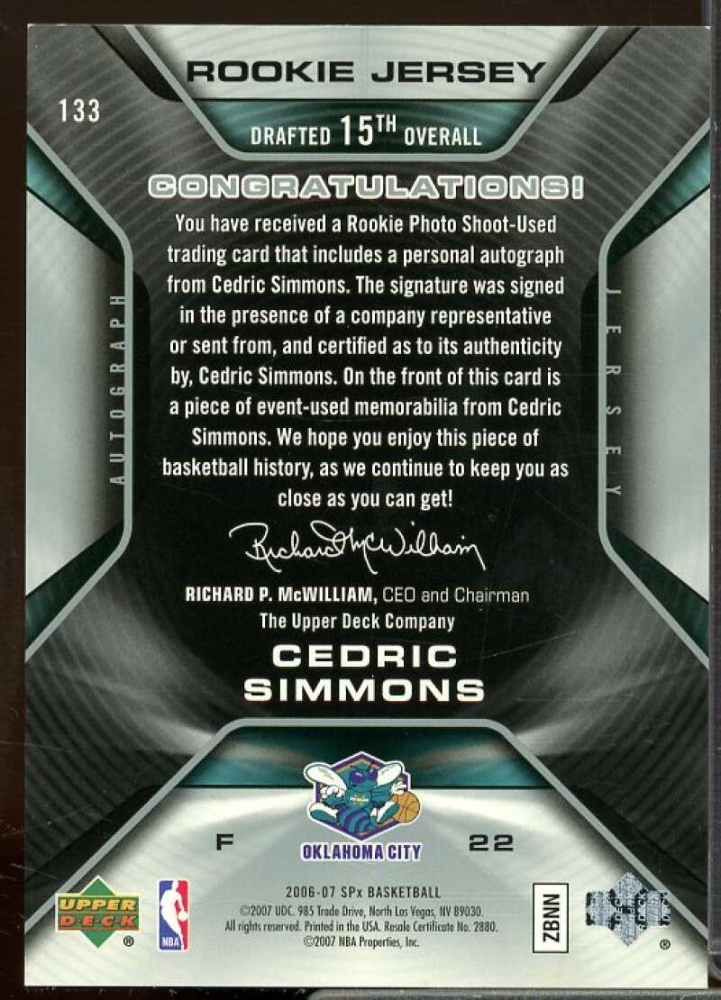 Cedric Simmons JSY AU Rookie Card 2006-07 SPx Rookie #133  Image 2