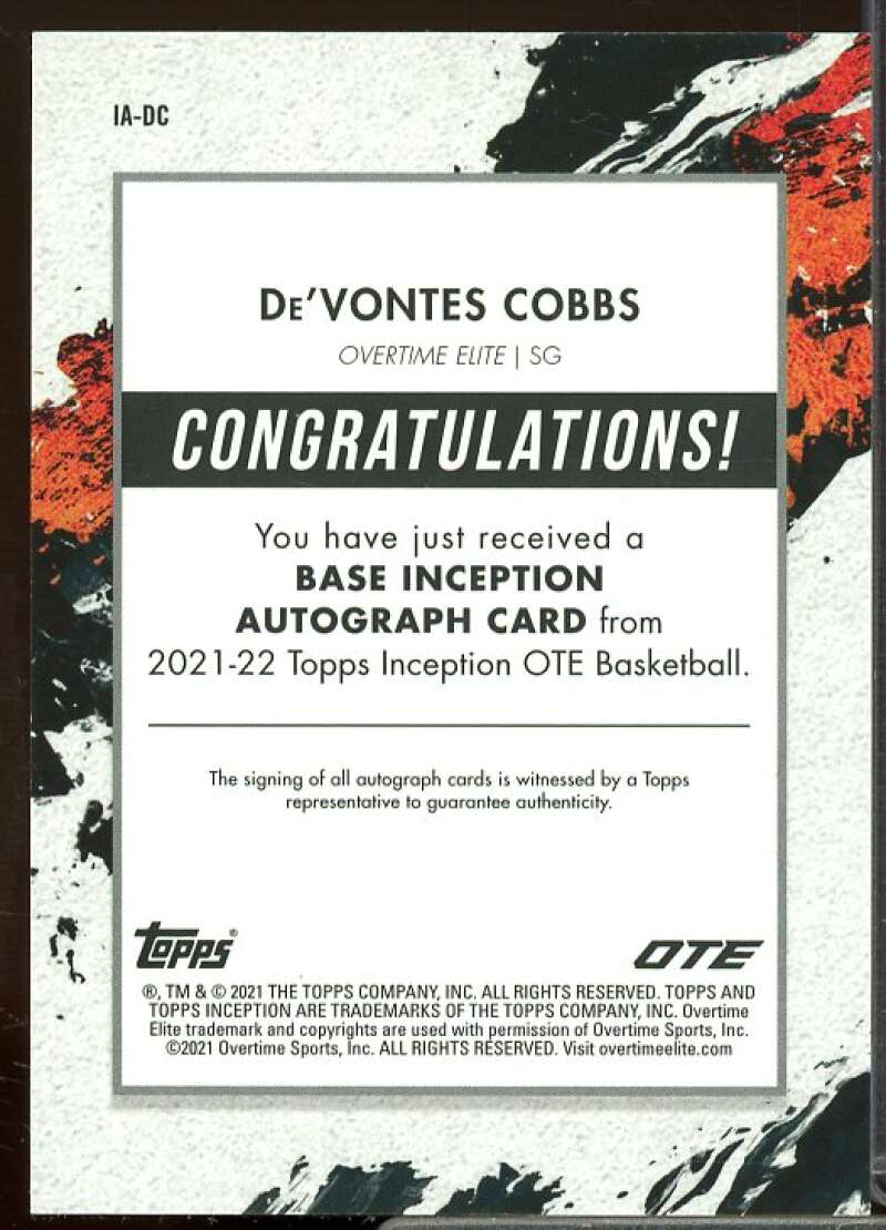 De'Vontes Cobbs 2021-22 Topps Inception Overtime Elite Autographs Magenta #IADC  Image 2