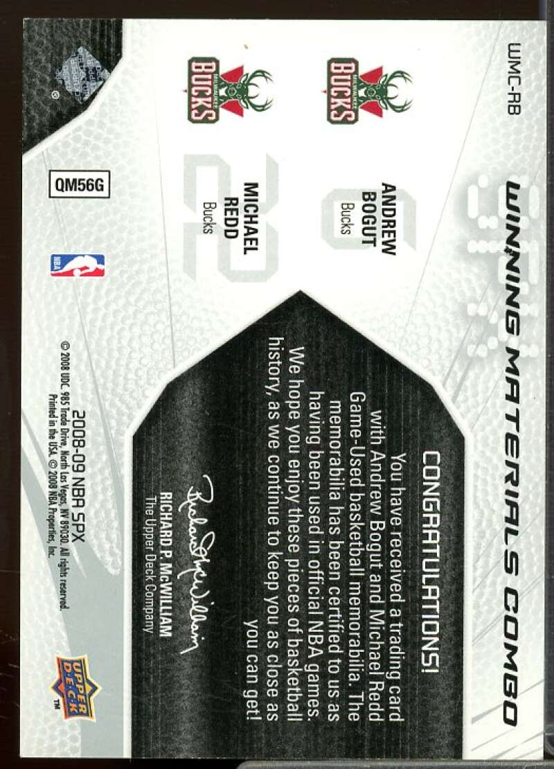Andrew Bogut/Michael Redd Card 2008-09 SPx Winning Materials Combos #WMCRB  Image 2