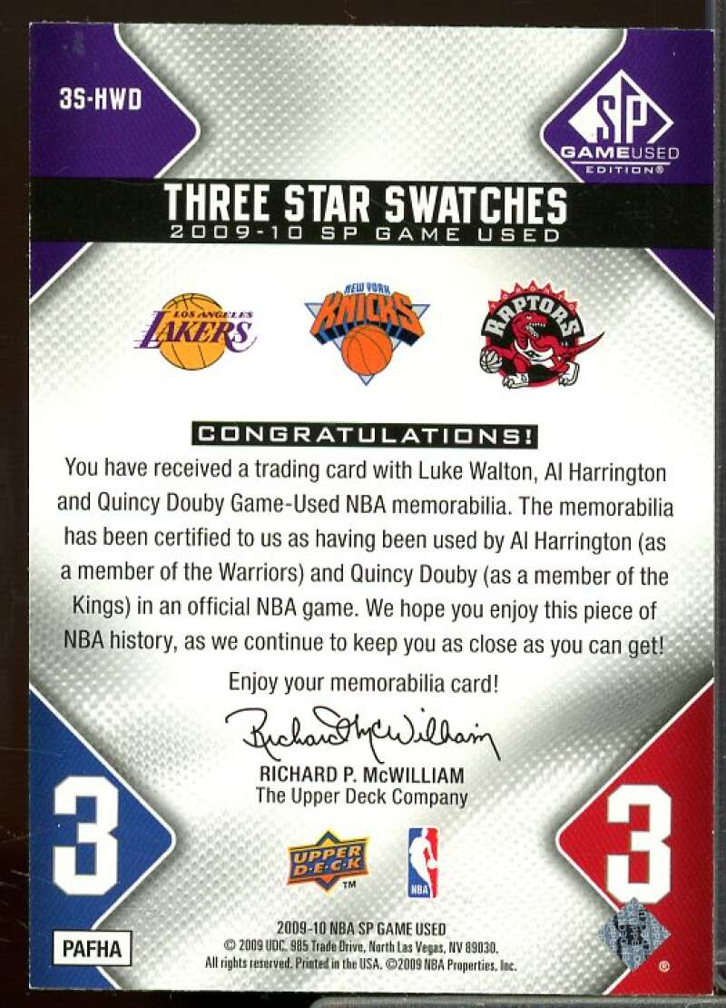 Luke Walton/Quincy /Al Harrington 2009-10 SP Game Used 3 Star Swatch #3SHWD  Image 2