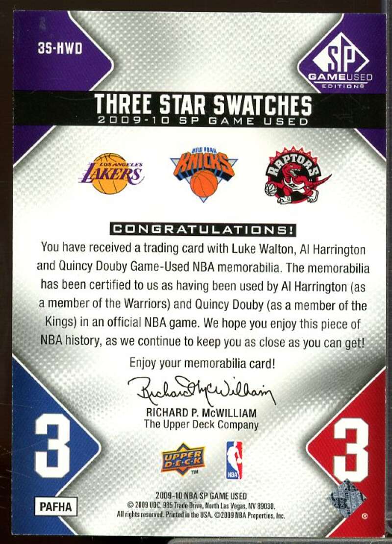 Luke Walton/Quincy /Al Harrington 2009-10 SP Game Used 3 Star Swatch #3SHWD  Image 2