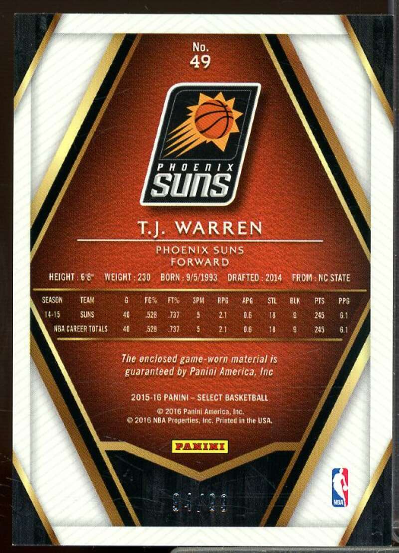 T.J. Warren/99 Rookie Card 2015-16 Select Swatches #49  Image 2