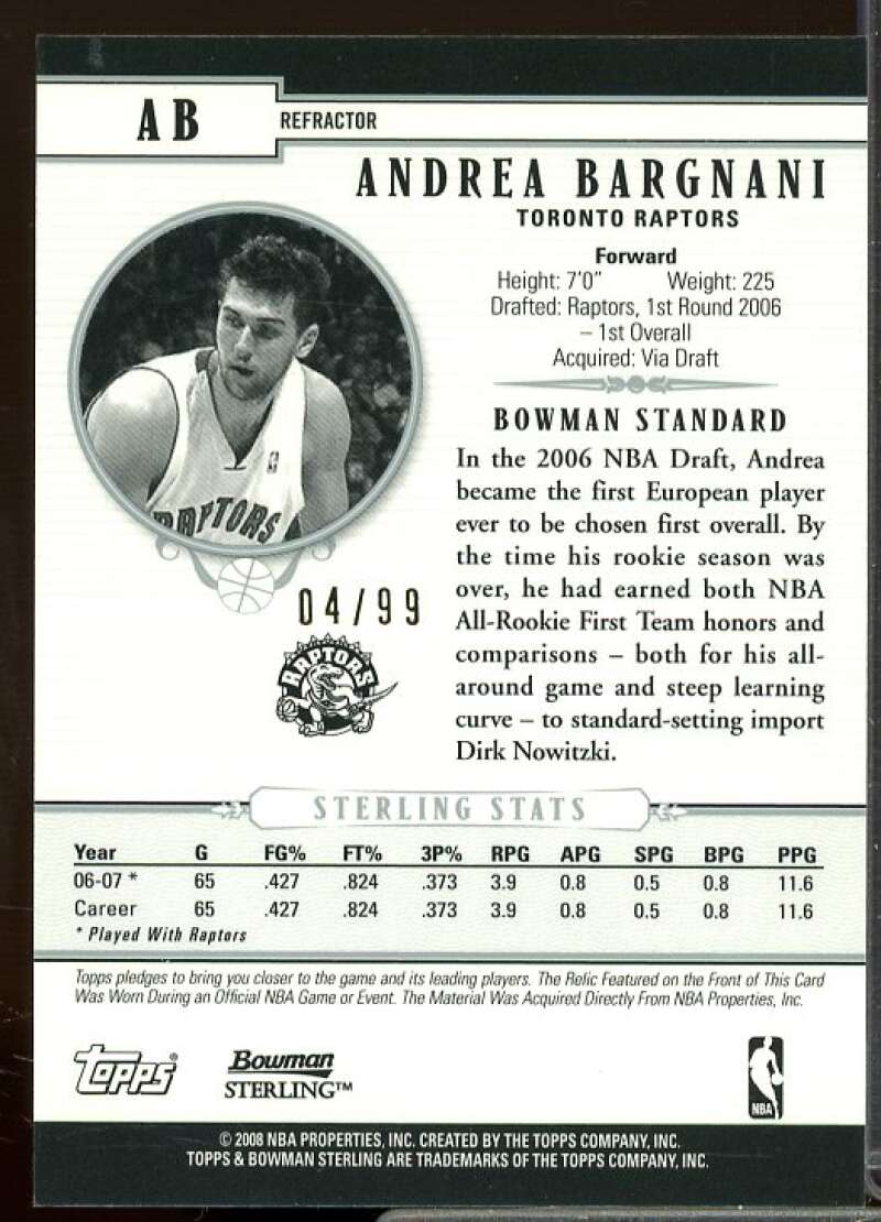 Andrea Bargnani Jersey Card 2007-08 Bowman Sterling Refractors Black #AB  Image 2