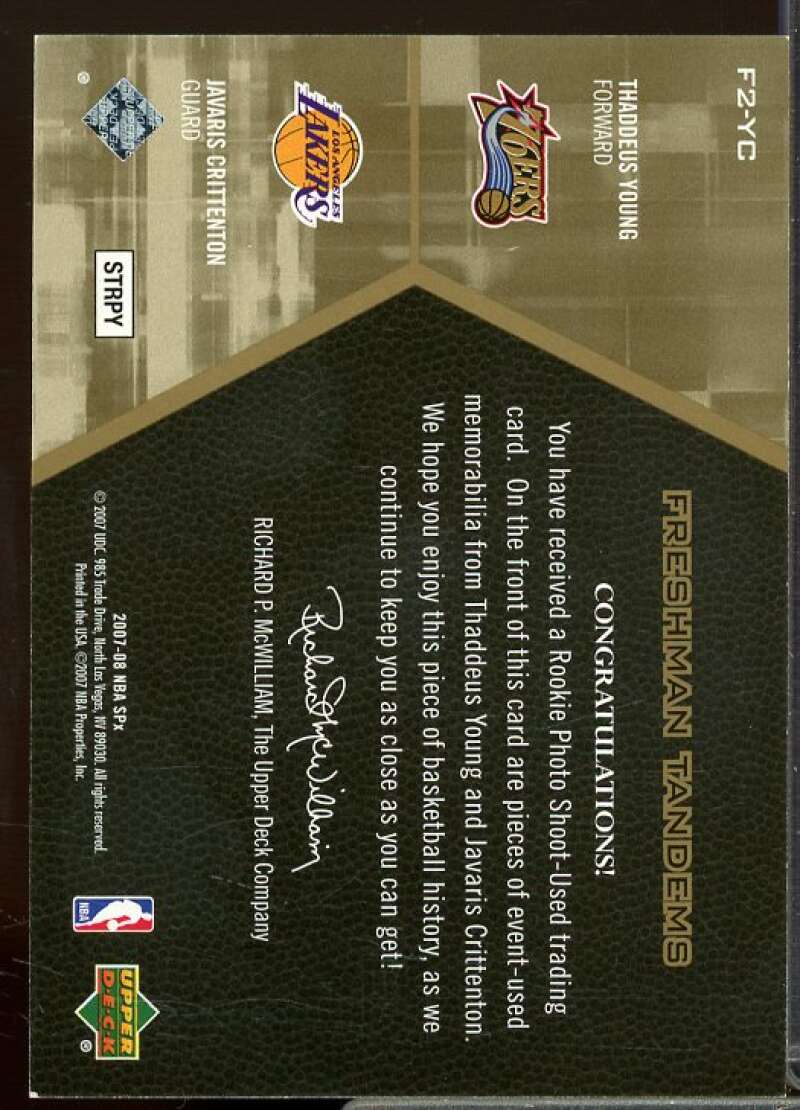 Thaddeus Young/Javaris Crittenton Card 2007-08 SPx Freshman Rookie Tandems #YC  Image 2
