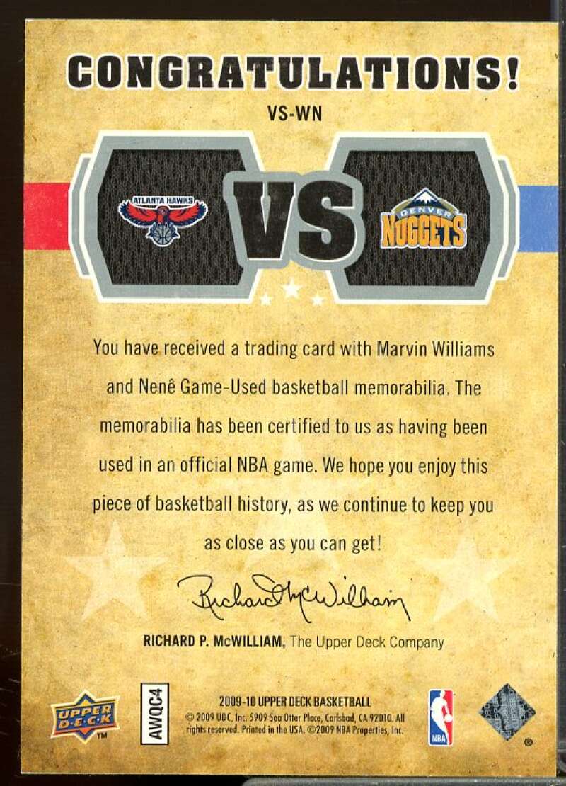 Marvin Williams/Nene Card 2009-10 Upper Deck VS Dual Materials #VSWN  Image 2