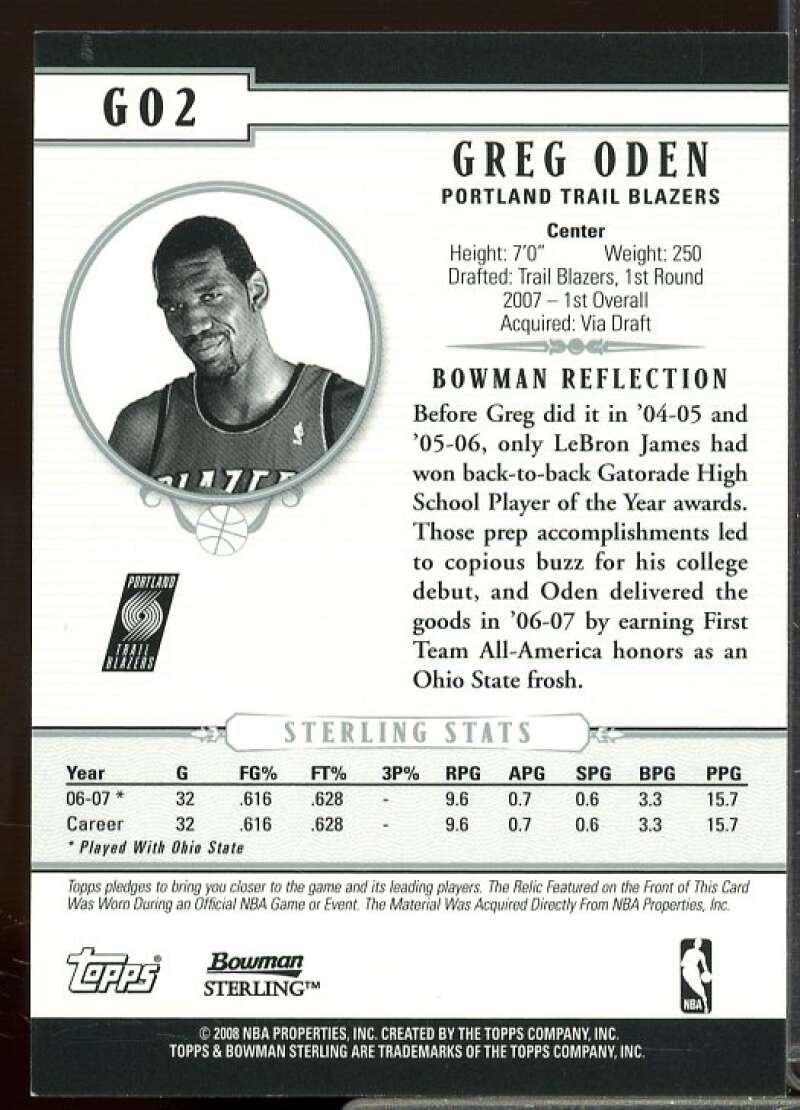 Greg Oden JSY Rookie Card 2007-08 Bowman Sterling #GO2  Image 2