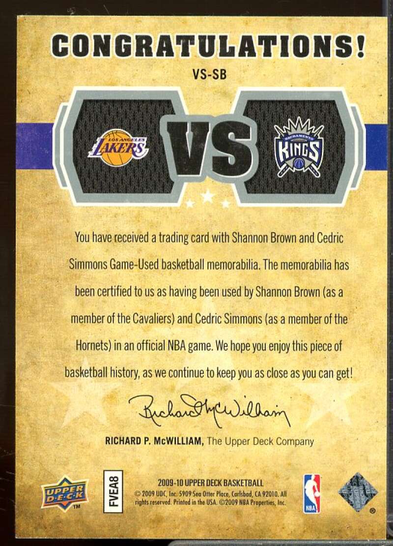 Cedric Simmons/Shannon Brown Card 2009-10 Upper Deck VS Dual Materials #VSSB  Image 2