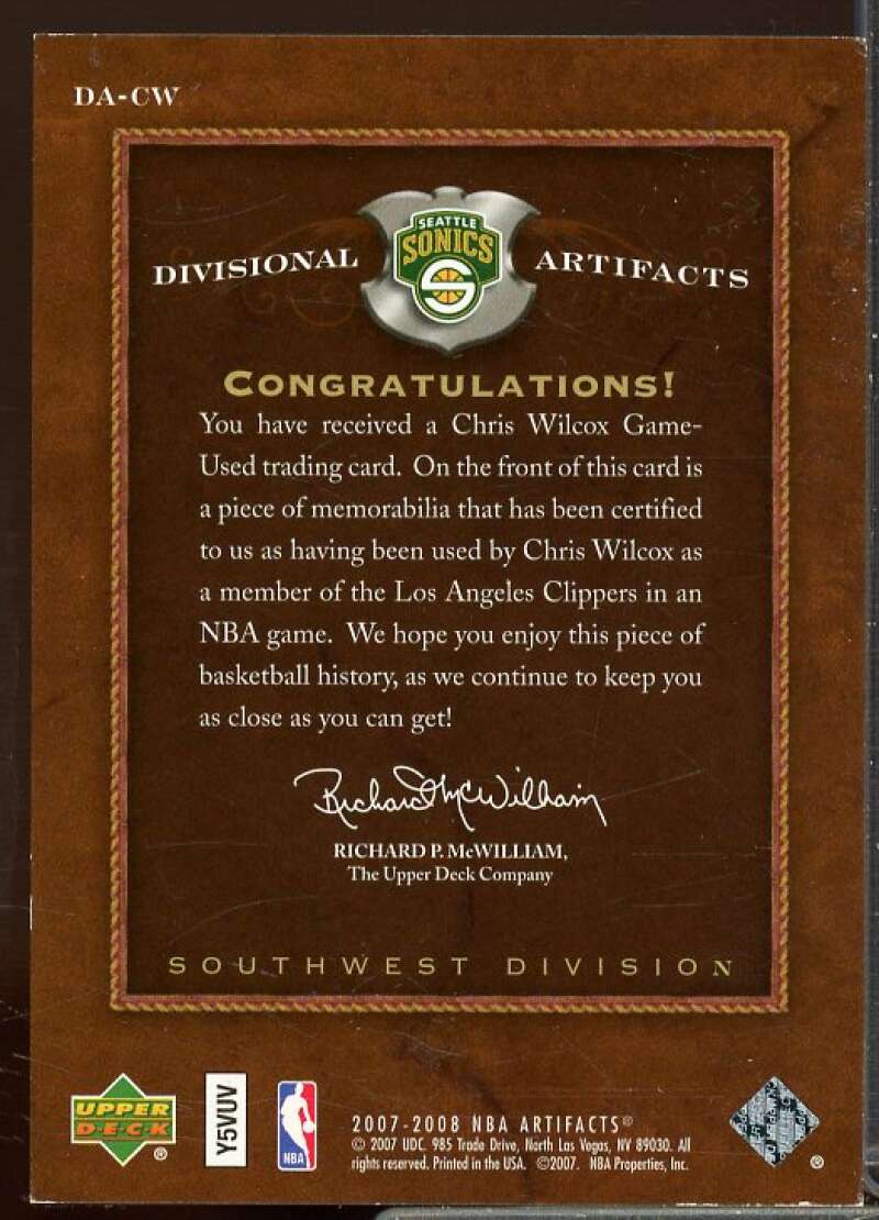Chris Wilcox Card 2007-08 Artifacts Divisional Artifacts Copper #DACW  Image 2
