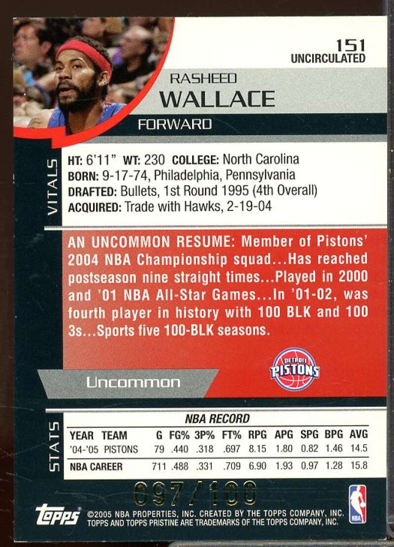 Rasheed Wallace Jersey Card 2005-06 Topps Pristine Uncirculated #151  Image 2