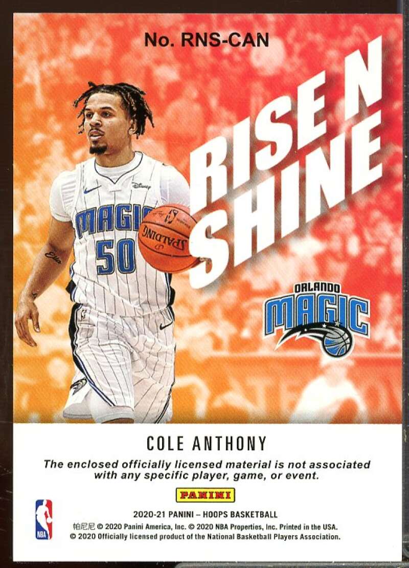 Cole Anthony Rookie Card 2020-21 Hoops Rise N Shine Rookie Memorabilia #29  Image 2