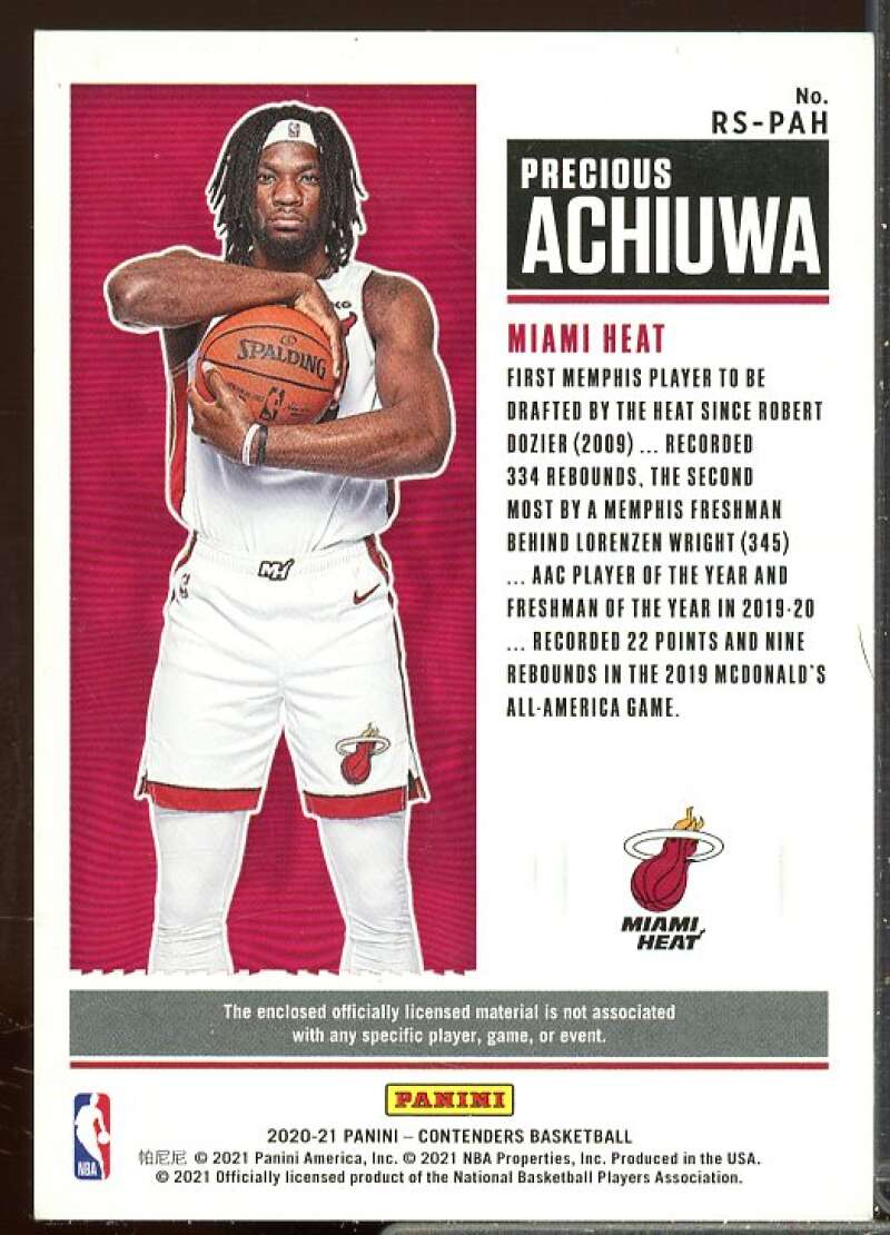 Precious Achiuwa Rookie 2020-21 Panini Contenders Rookie Ticket Swatches #30  Image 2