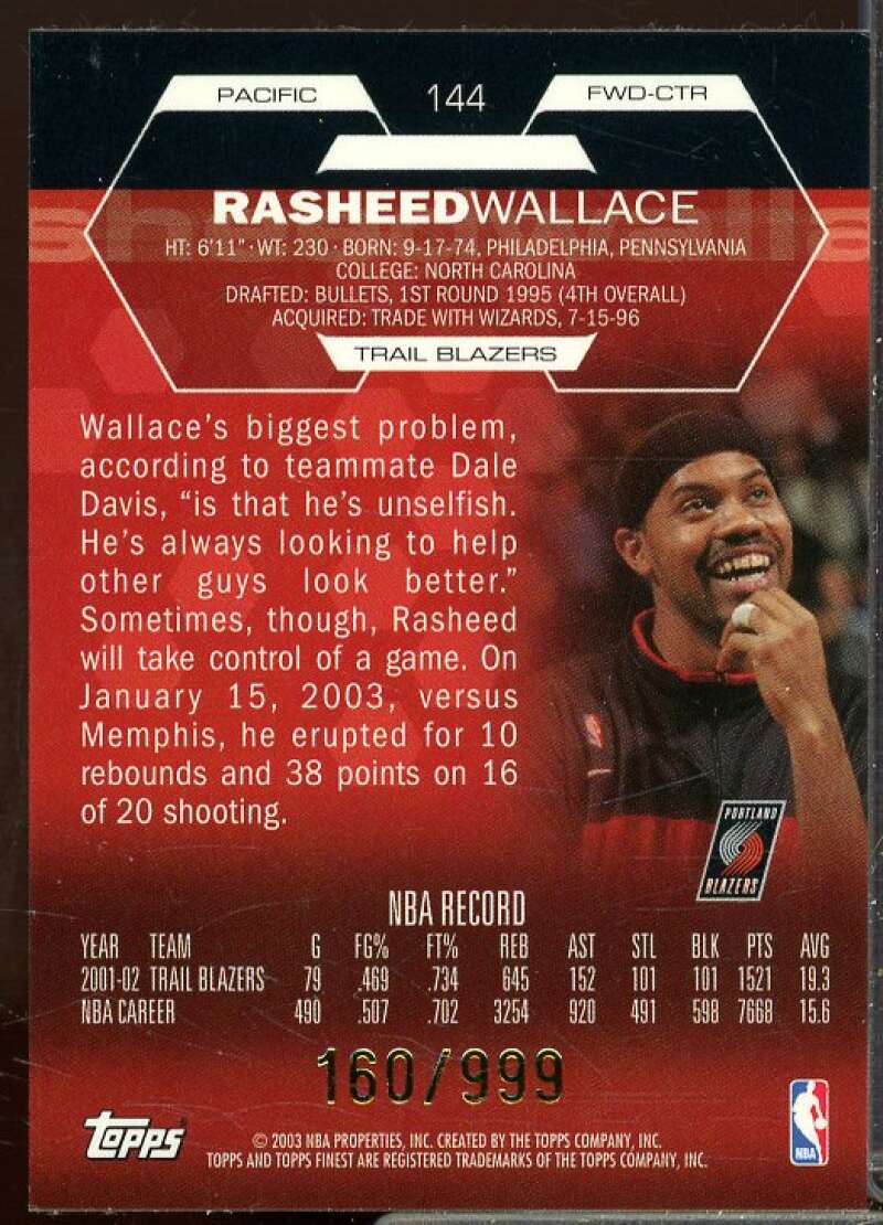 Rasheed Wallace JSY Card 2002-03 Finest #144  Image 2