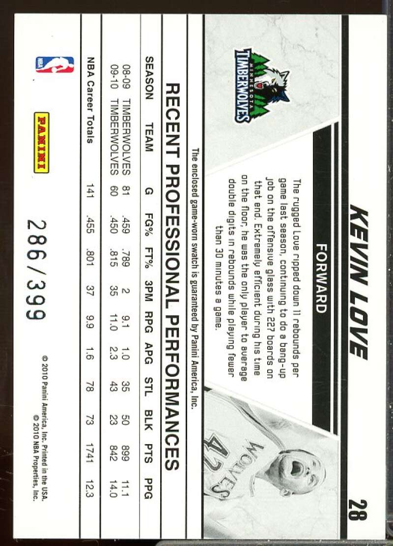 Kevin Love/399 Card 2010-11 Donruss Production Line Materials #28  Image 2