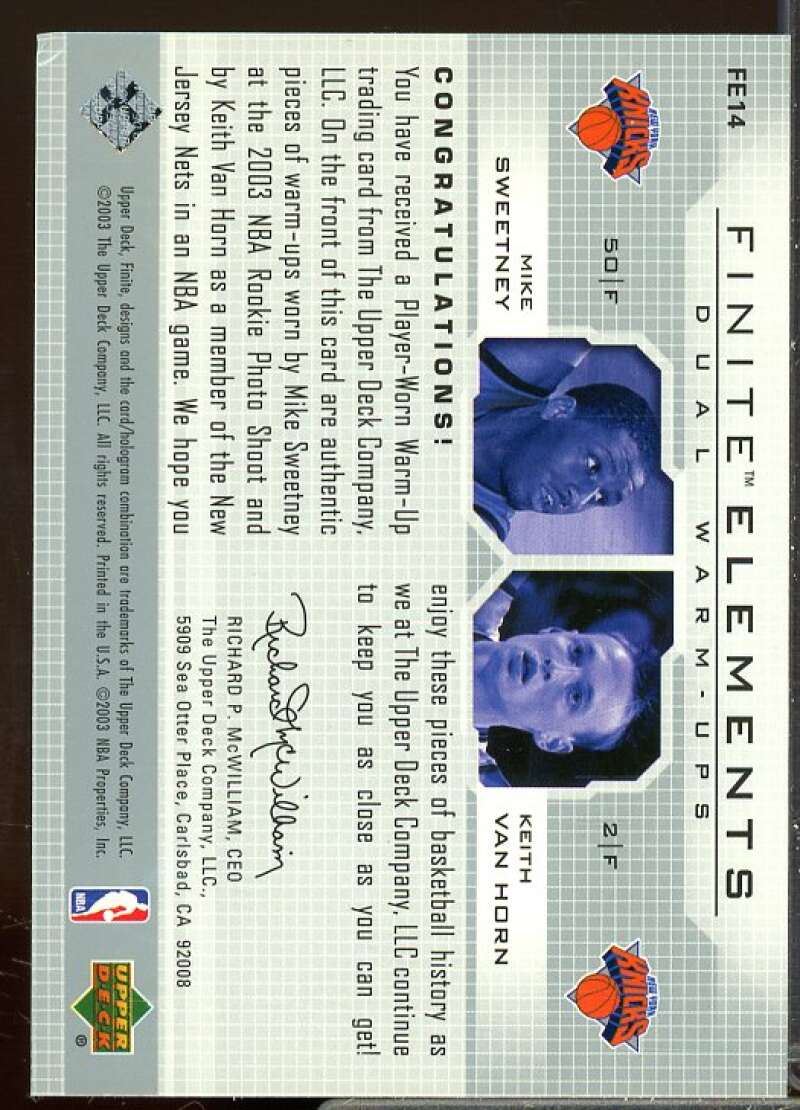 Mike Sweetney/Keith Van Horn 2003-04 Upper Deck Finite Elements Warmups #FE14  Image 2