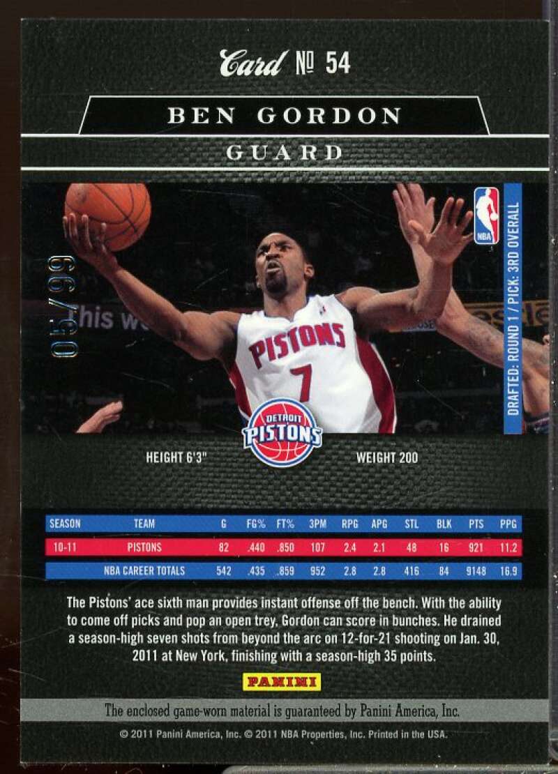 Ben Gordon/99 Card 2010-11 Elite Black Box Materials #54  Image 2