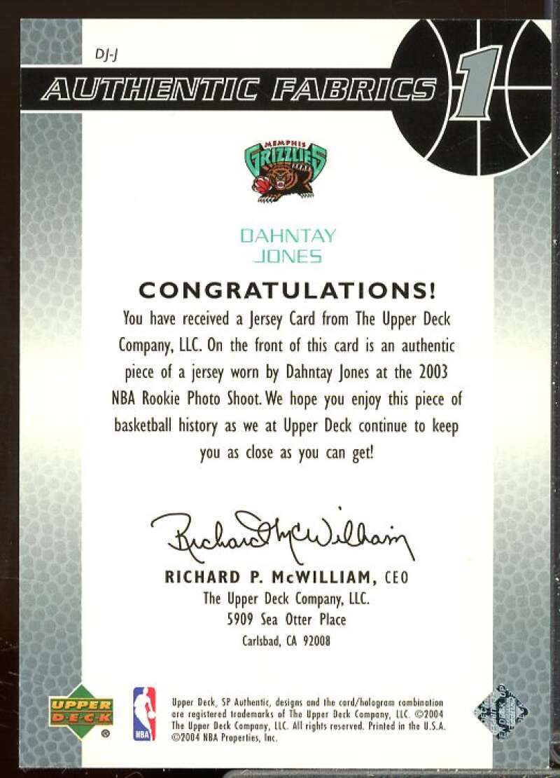 Dahntay Jones Rookie 2003-04 SP Authentic SPGU Rookie Authentic Fabrics #DJJ  Image 2