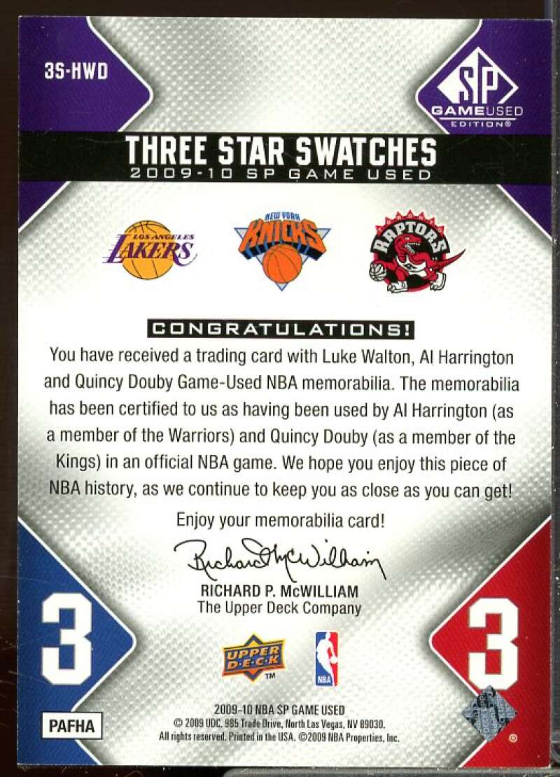 Luke Walton/Quincy /Al Harrington 2009-10 SP Game Used 3 Star Swatch #3SHWD  Image 2