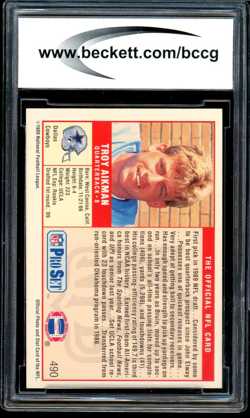 Troy Aikman Rookie Card 1989 Pro Set #490 BGS BCCG 9 Image 2