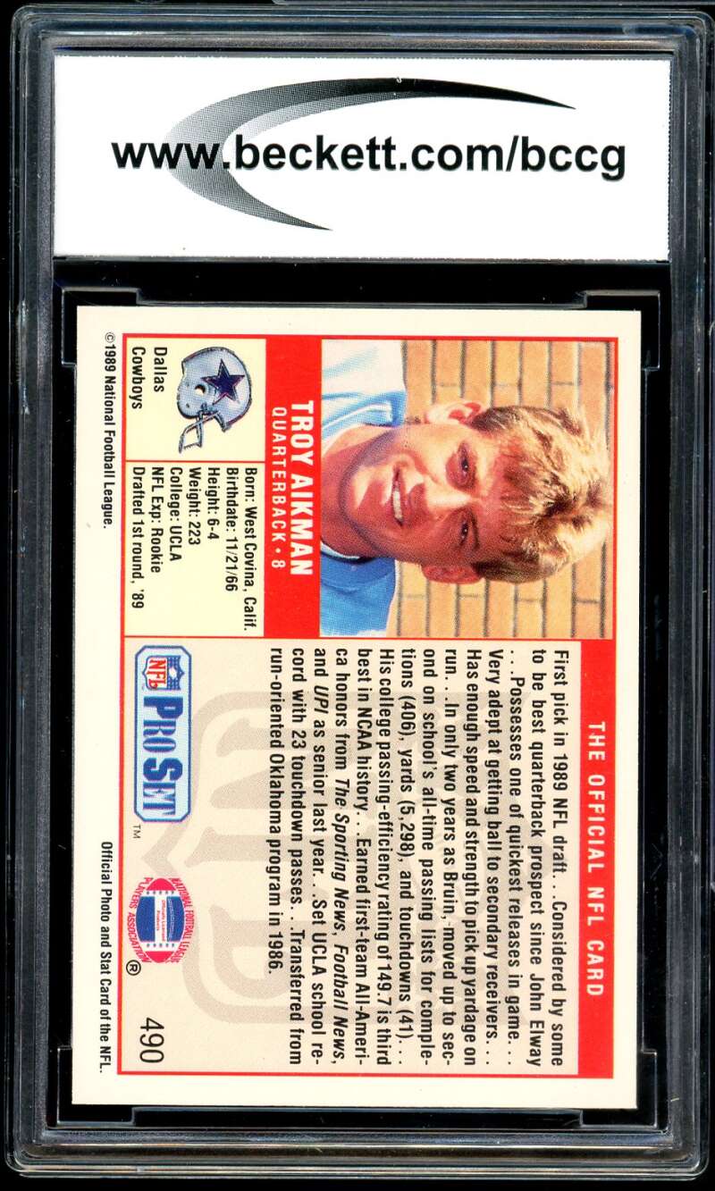 Troy Aikman Rookie Card 1989 Pro Set #490 BGS BCCG 10 Image 2